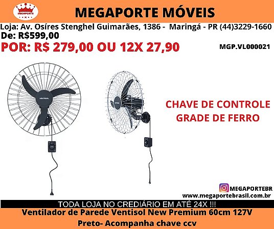 Ventilador de Parede 60Cm Grade de Ferro Ventisol