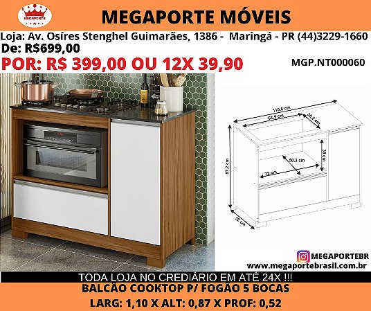 Balcão Cooktop 1p 1g p/ Fogão 5 Bocas