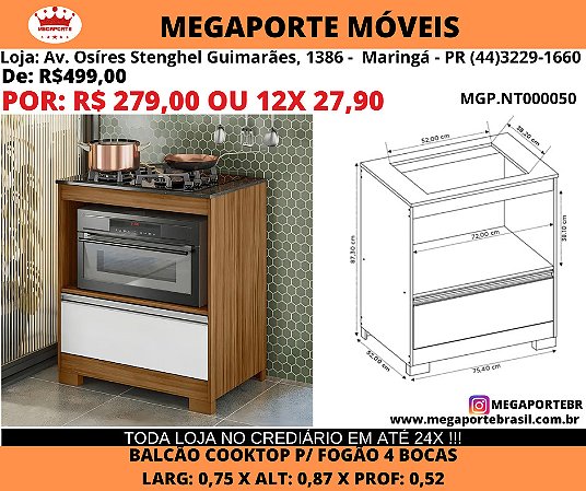 Balcão Cooktop 1 portas p/ Fogão 4 bocas