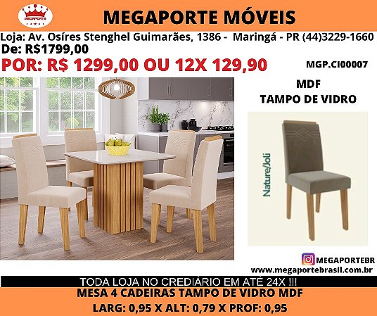 Conjunto de Mesa Tampo Vidro 4 cadeiras