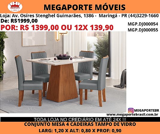 Conjunto Mesa 4 cad tampo Vidro