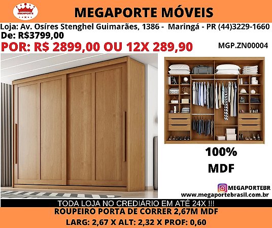Roupeiro Porta De Correr MDF 2,67