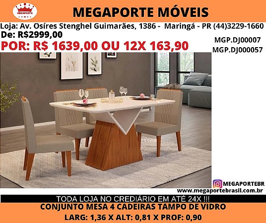 Conjunto Mesa com tampo de Vidro 4 cadeiras