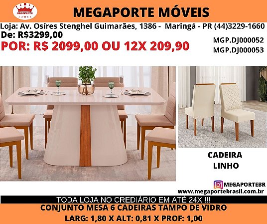 Conjunto Mesa 6 cadeiras Tampo de Vidro