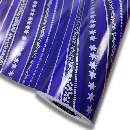 Papel De Presente Listras E Estrelas Azul Bobina 60 Cm X100 M