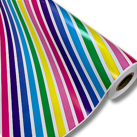 Papel De Presente Listrado Arco Íris Bobina 60 Cm X100 M
