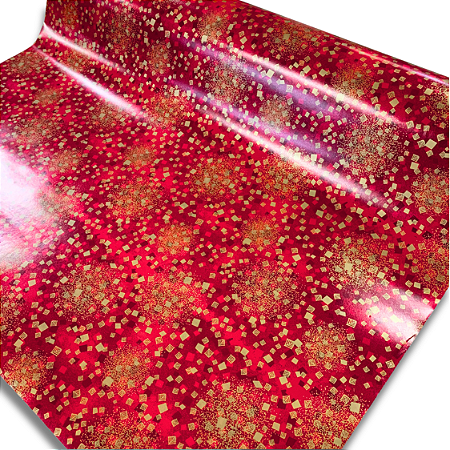 Papel De Presente Vermelho Cubos Dourados Bobina 60 Cm X100 M