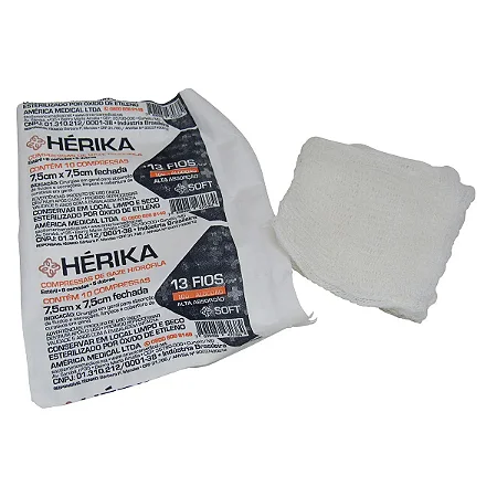 Compressa De Gaze 7,5cm X 7,5cm 13 Fios Estéril C/10 Unidades Herika