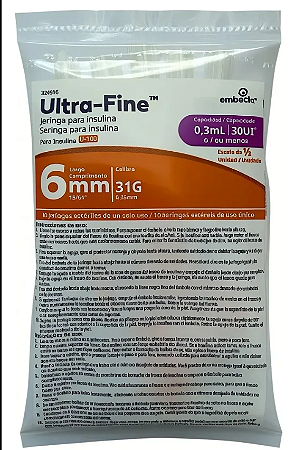 Seringa De Insulina  0,3cc 6mm U-Fine C/10 Unidades Embecta Ref 324916