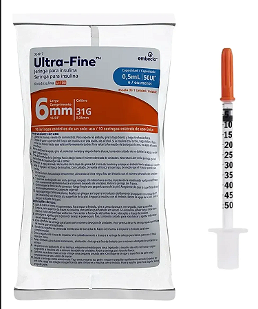 Seringa De Insulina  0,5cc 6mm U-Fine C/10 Unidades Embecta Ref 324917