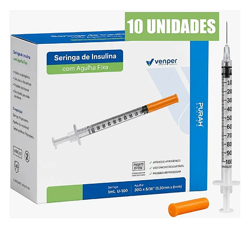 Seringa de Insulina 1ml C/Agulha Fixa 8x0,30mm C/10 Unidades Venper