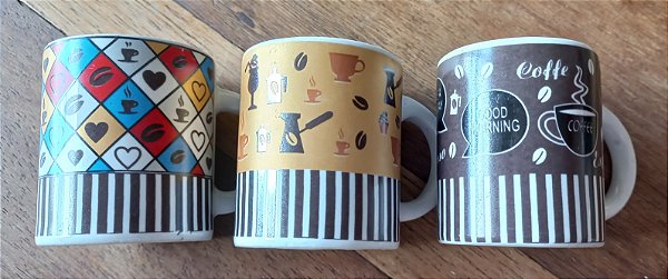 Conjunto de 3 canecas de cerâmica estampadas - 85ml