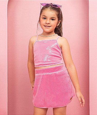 Conjunto Paetê Top + Shorts Saia Rosa