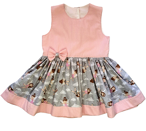 Vestido Infantil Rosa poá com estampas de fadinhas 1/2 anos