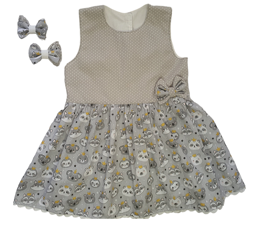 Vestido Infantil  curto Cinza poá com bichinhos 1/2  anos