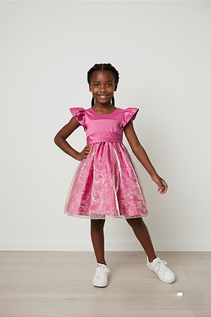 Vestido Infantil Rosa Pink com organza de cristal