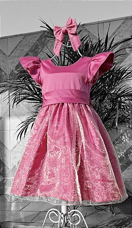 Vestido Infantil Rosa Pink com organza de cristal