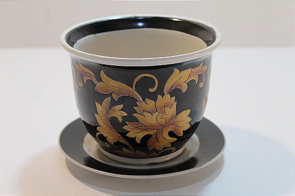 Cachepô de Cerâmica Preto e Dourado com Prato