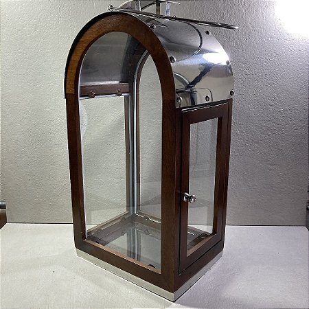 Lanterna Decorativa Grande de Madeira e Inox com Laterais de Vidro