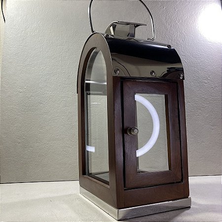 Lanterna Decorativa Pequena de Madeira e Inox com Laterais de Vidro