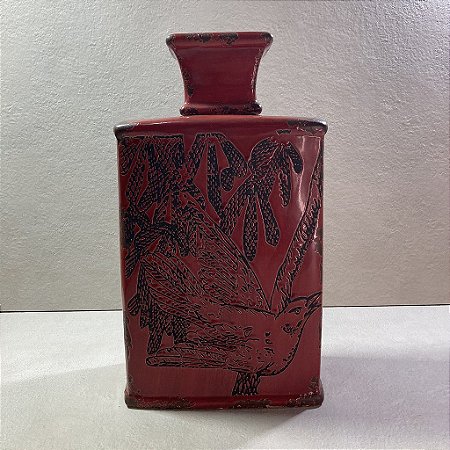 Potiche de Cerâmica Decorativo Vermelho com Desenho de Pássaro