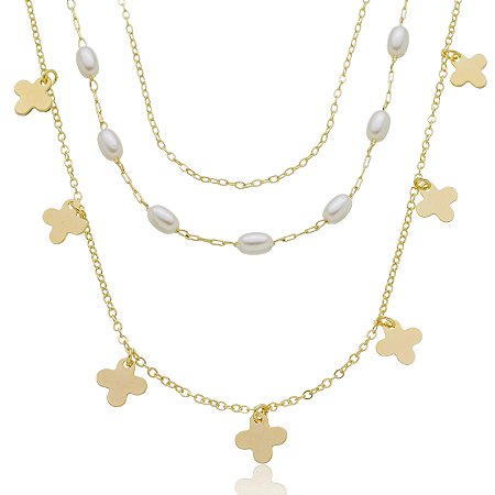 Colar Triplo Inspiração Van Cleef com Pérolas Sintéticas