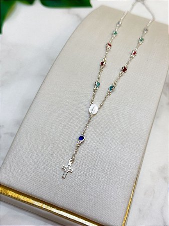 Colar Terço Prata 925 zircônias coloridas