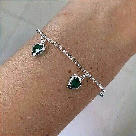Pulseira Corações Verde Prata 925