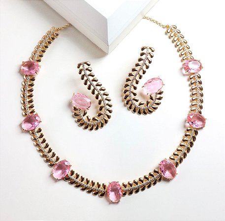 Conjunto Luxo em em Rosa Cristal com detalhes em zircônias