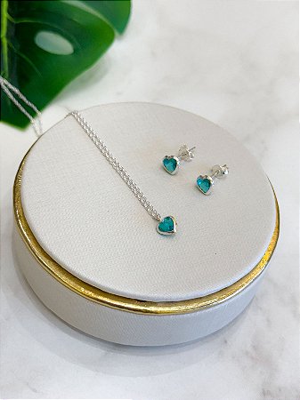 Conjuntinho Coração Verde Prata 925