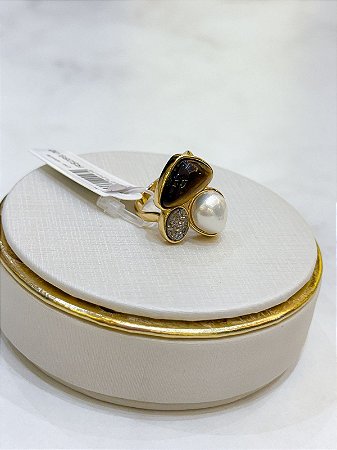 Anel Pedras Naturais - Olho de gato , pirita e pérola shell