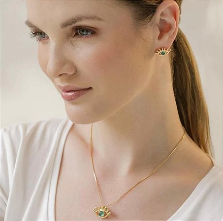 Conjunto Olho Grego Pedra Ágata Verde