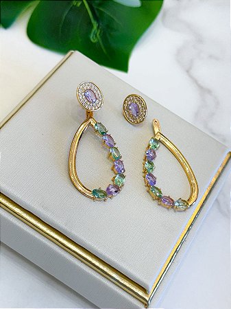 Brinco gota desmontável com detalhes em pedras