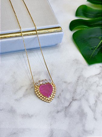 Colar Coração com detalhes em zircônias navetes cristal