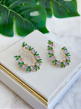 Brinco Oval em Pedras ametista/esmeralda/zircônias