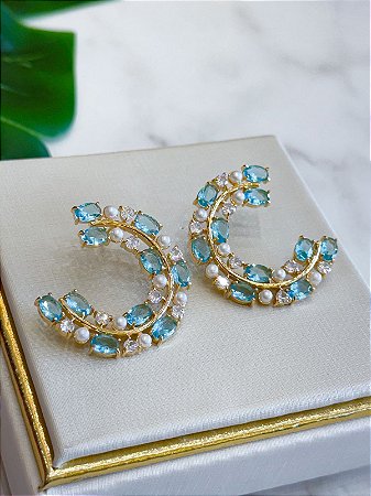 Brinco Pedras Azuis com Pérolas