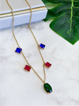 Colar Choker Pedras Rubi Esmeralda Safira