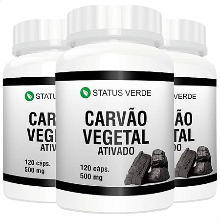 3 Potes Carvão Vegetal Ativado Kit 360 Cáps - Status Verde