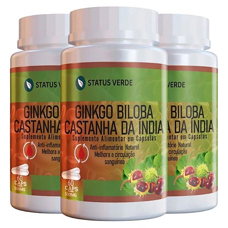 3 Potes Ginkgo Biloba + Castanha da India Kit 180 cáps - Status Verde