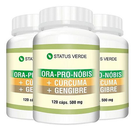3 Potes Ora Pro Nobis + Cúrcuma + Gengibre Kit 360 Cáps - Status Verde