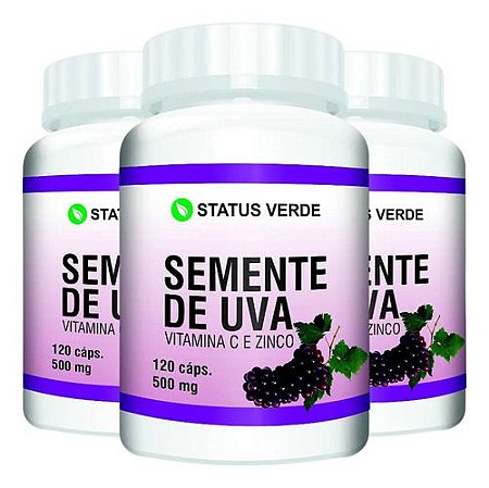 3 Potes Semente De Uva + Zinco + Vitamina C Kit 360 Cáps - Status Verde
