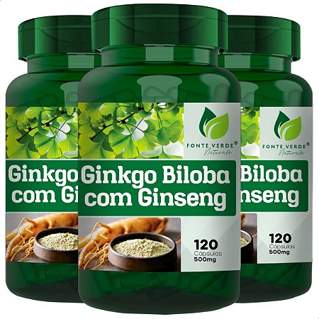 3 Potes Ginkgo Biloba + Ginseng Kit 360 Cáps - Fonte Verde