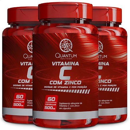 3 Potes Vitamina C + Zinco Kit 180 Cáps - Quantum