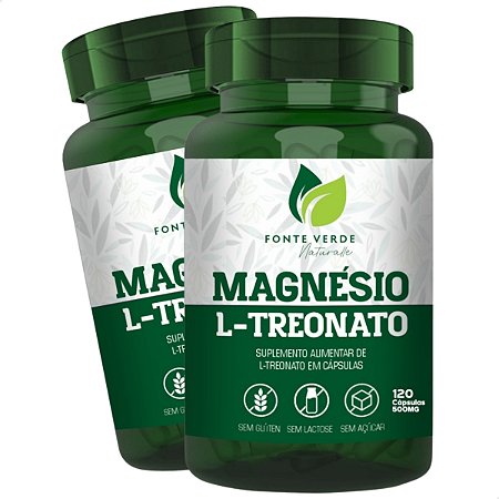 2 Potes Magnésio L-Treonato Kit 240 Cáps - Fonte Verde