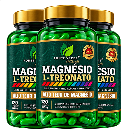 3 Potes Magnésio L-Treonato 120 Cáps - Fonte Verde