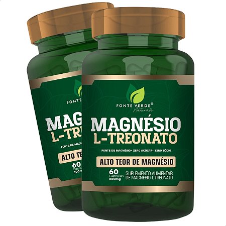 2 Potes Magnésio L-Treonato Kit 120 Cáps - Fonte Verde