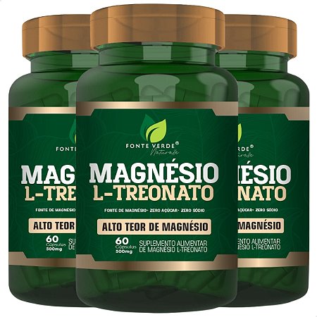 3 Potes Magnésio L-Treonato Kit 180 Cáps - Fonte Verde