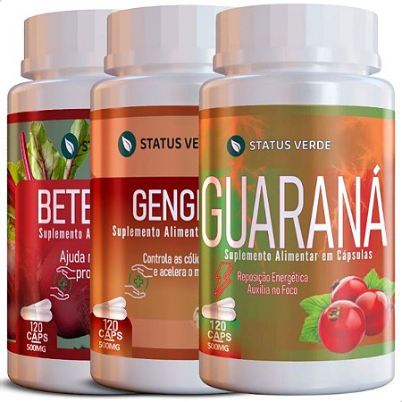 Kit Guaraná + Gengibre + Beterraba 120 Cáps P/ Pote - Status Verde