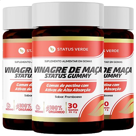 3 Potes Vinagre de Maça Gummy 30 Caps - Status Verde