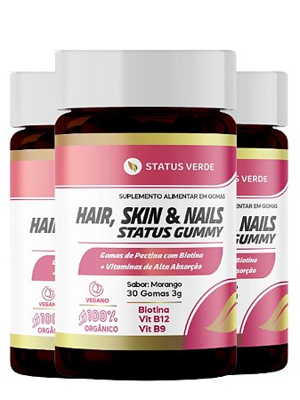3 Potes Hair Skin & Nails Gummy 180 Gomas - Status Verde